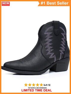 Women's Western Ankle Boots Faux Leather Pointed Toe Cowboy Booties